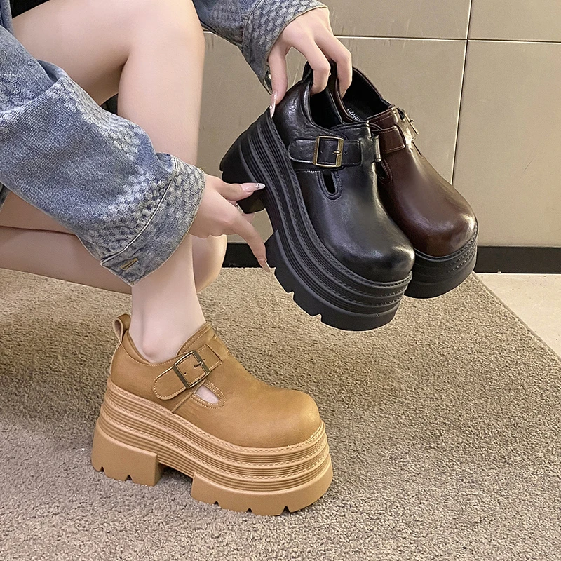 黑色英伦风小皮鞋女2024新款秋冬厚底松糕鞋百搭乐福鞋女单鞋10cm