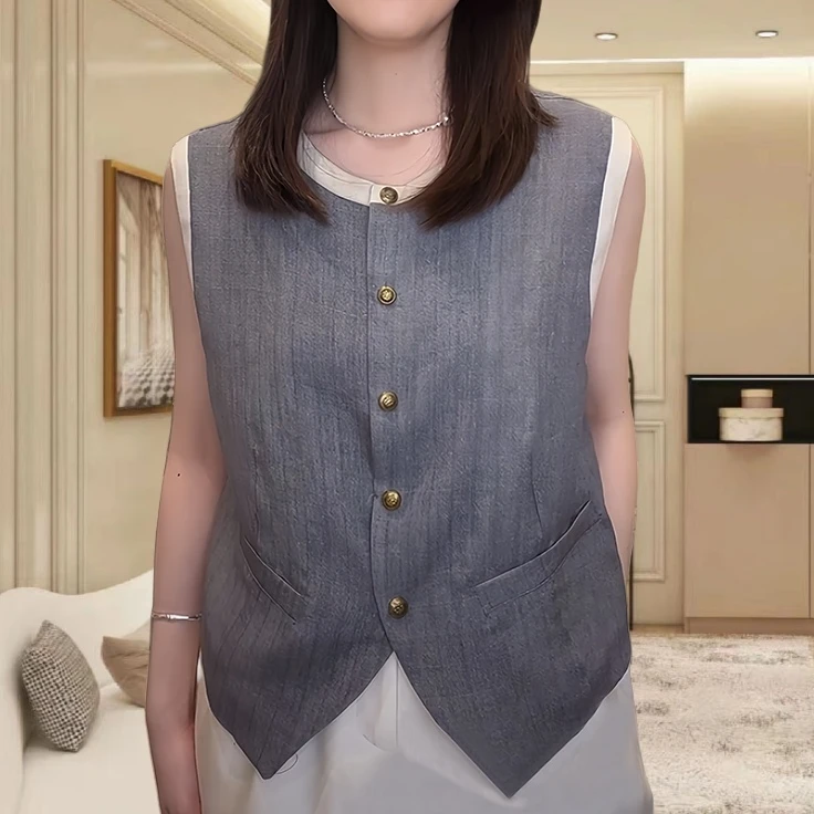 法式复古韩系拼色无袖背心衬衫设计感气质韩版通勤宽松女装马甲