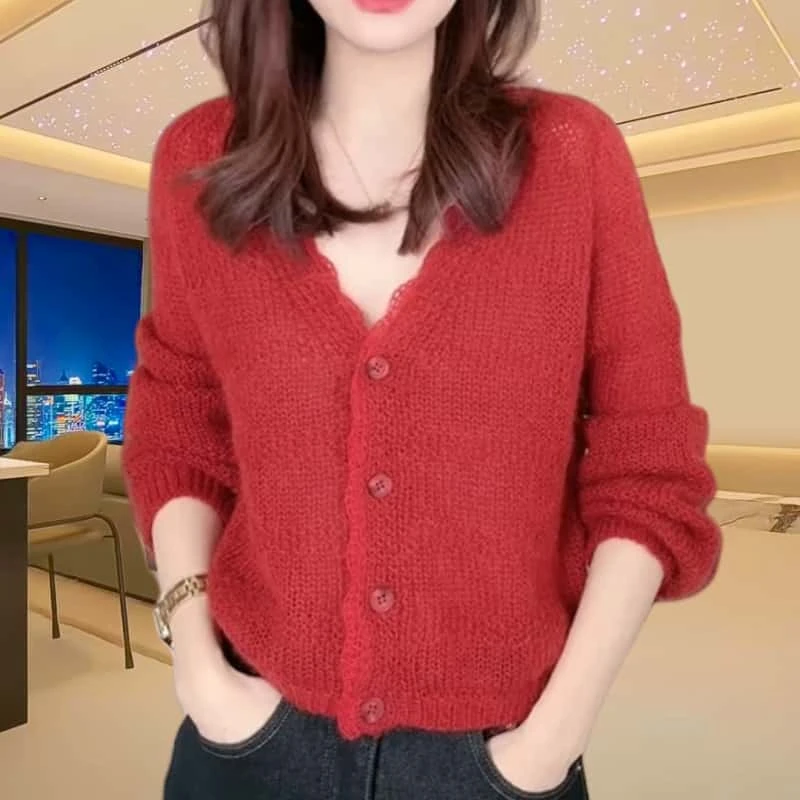 宽松气质V领针织衫上衣女2024秋季休闲慵懒性感纯色开衫长袖毛衣