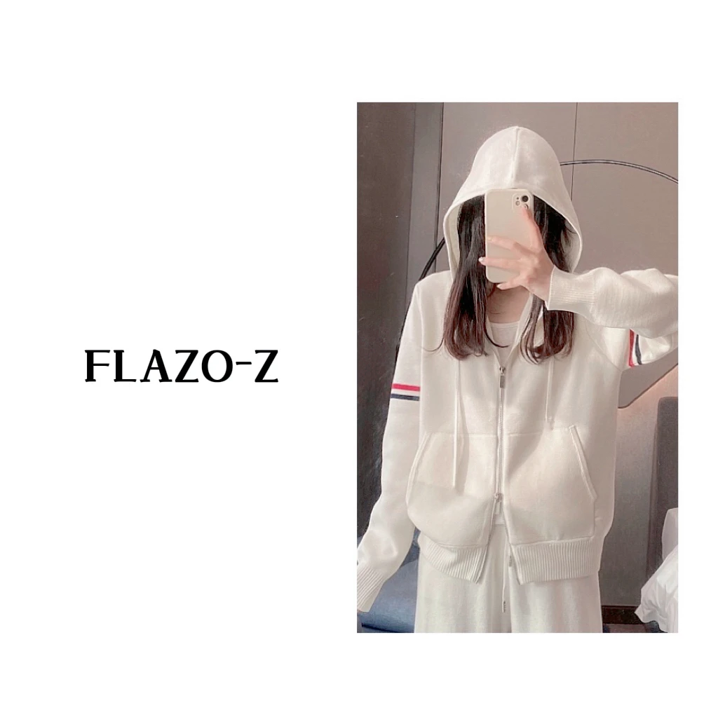 【FLAZO-Z】彩条拉链帽002针织衫双袖彩条休闲百搭带帽