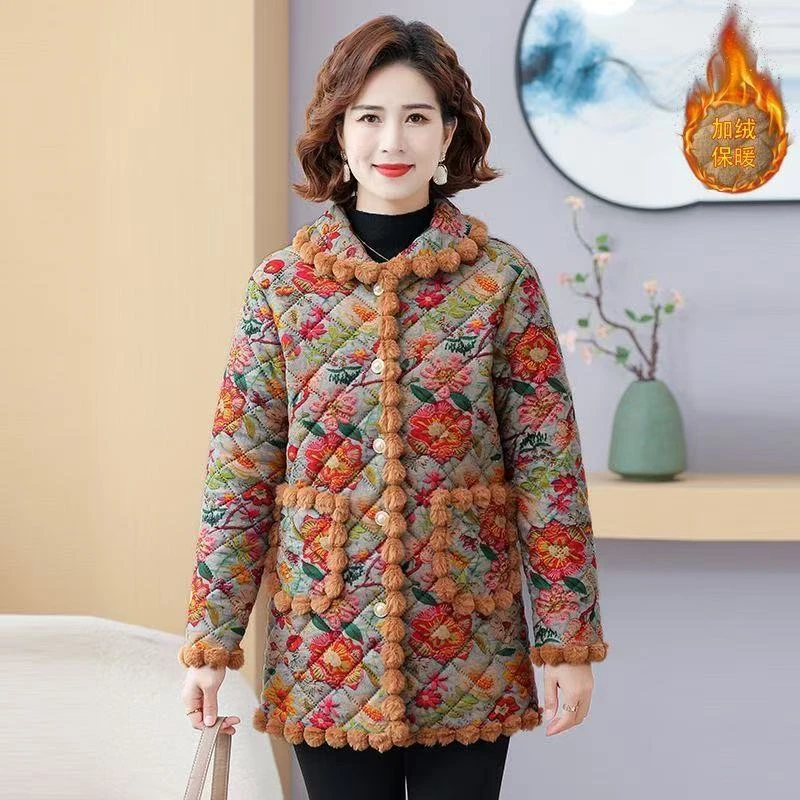 冬季中长款洋气妈妈碎花棉袄保暖加绒棉衣时尚外套加厚中老年棉服
