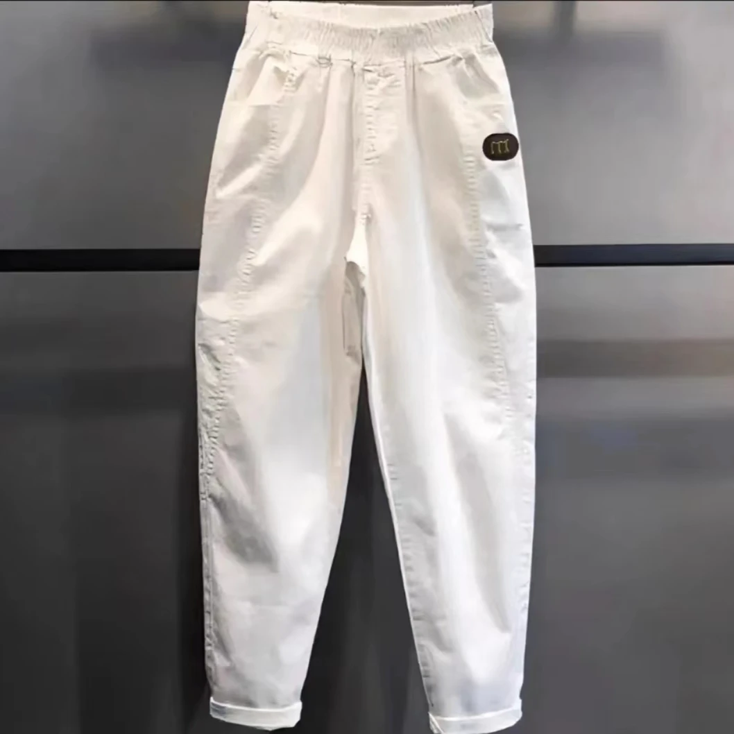【主播同款白色裤子】松紧腰纯棉休闲裤大码弹力九分裤