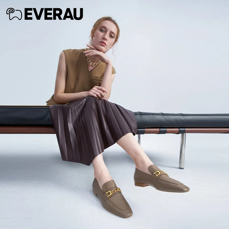 EVERAU商务乐福鞋女鞋春秋时尚英伦风真皮厚底一脚蹬单鞋EA7012