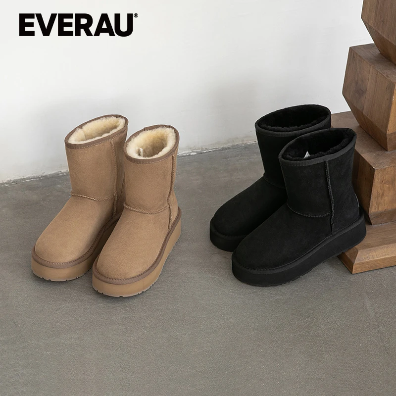 EVERAU厚底雪地靴女2025冬新款经典中筒羊皮毛一体保暖棉靴EA3164