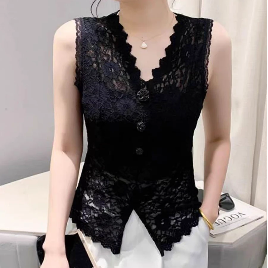 时尚蕾丝V领背心女夏季无袖显瘦百搭内搭上衣