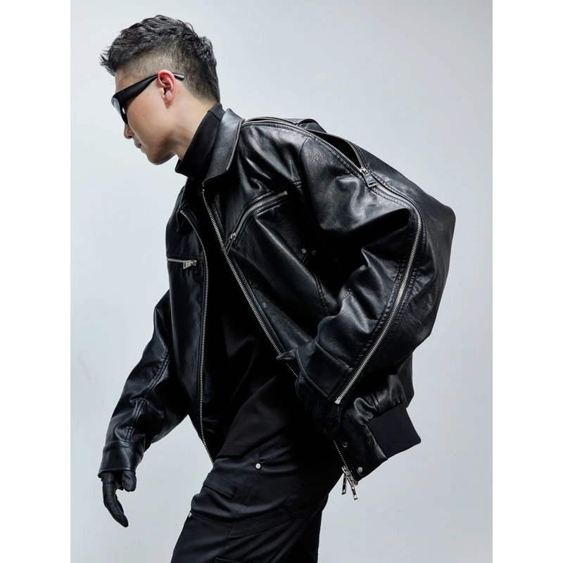 CATSSTAC 对开拉链皮衣外套男街头潮牌翻领高级感痞帅机车夹克黑