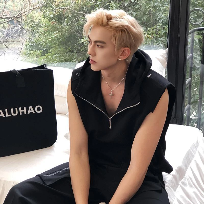 夏季大码男装美式街头高级感连帽背心外套无袖T恤马甲坎肩卫衣