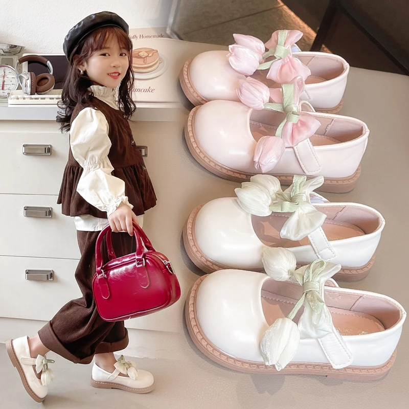 23-34女童皮鞋2024年春秋新款儿童蝴蝶结郁金香防滑公主鞋休闲鞋