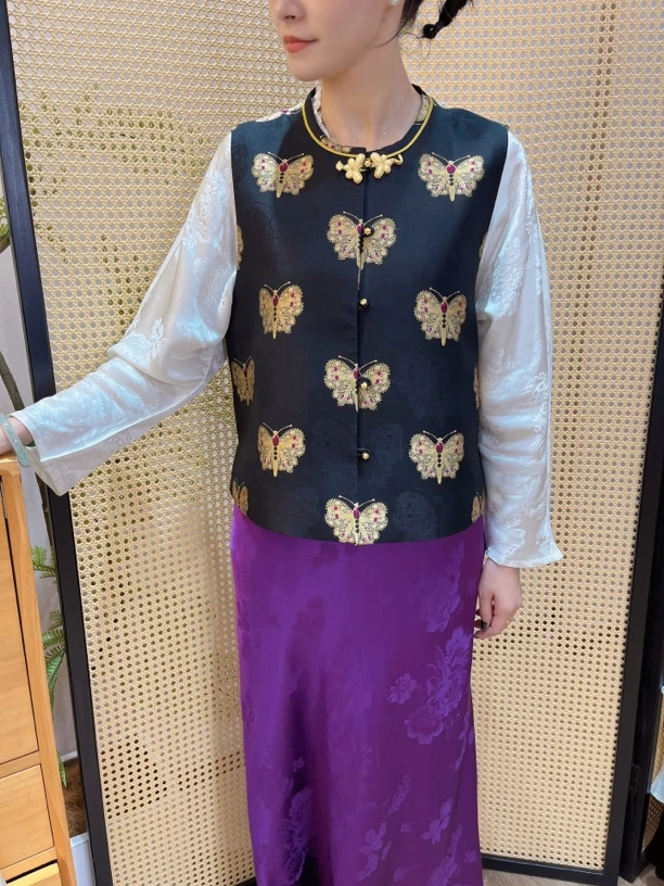 上久楷正品黑金蝴蝶新中式国风老宋锦马甲带防伪钢印