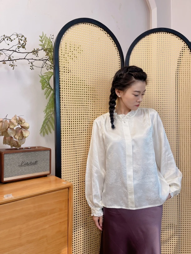 【山奈】满分30姆米木耳领精致百搭新中式国风衬衣黑白两色
