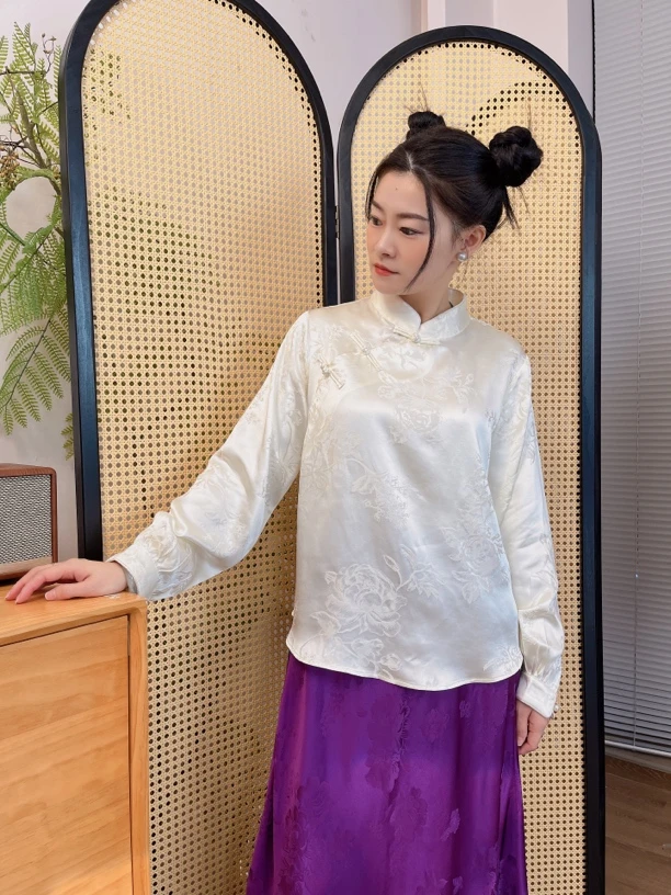 【木冉】满分桑蚕丝45姆米重缎立领盘扣复古精致百搭新中式国风衬衣