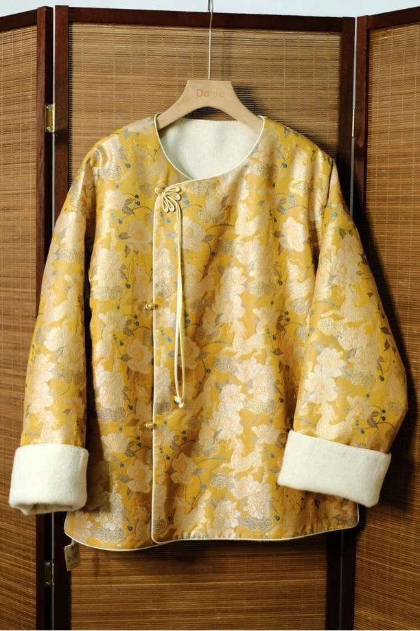 双面双穿45姆米麒麟牡丹老宋锦侧开襟羊毛呢圆领新中式国风外套