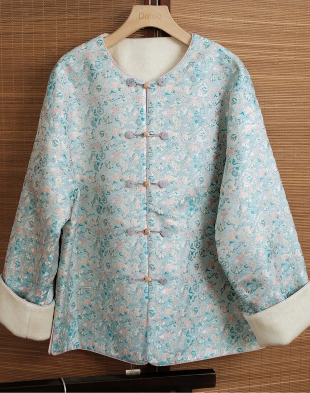 双面双穿45姆米蓝色杂宝锦老宋锦对开襟百搭羊毛呢圆领新中式外套