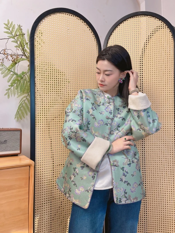 双面双穿45姆米飞鹤迎春老宋锦对开襟百搭羊毛呢圆领新国风外套