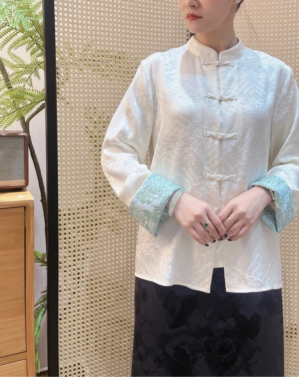 【柏木】重缎海水纹袖口刺绣精致小开衫外套新中式衬衣
