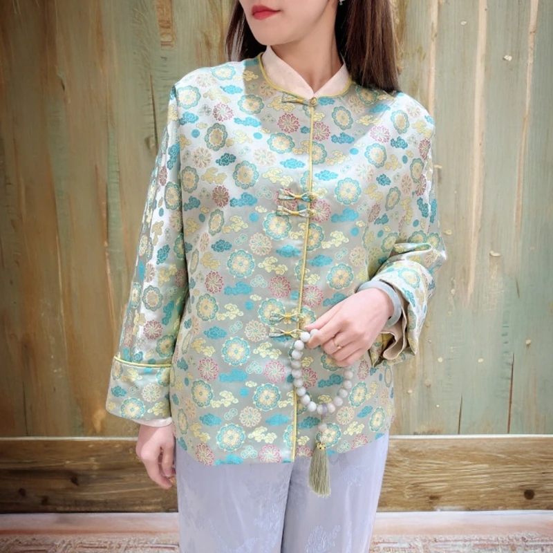 现货45姆米老宋锦绿色宝相花对开襟新中式国风外套气质长袖时尚