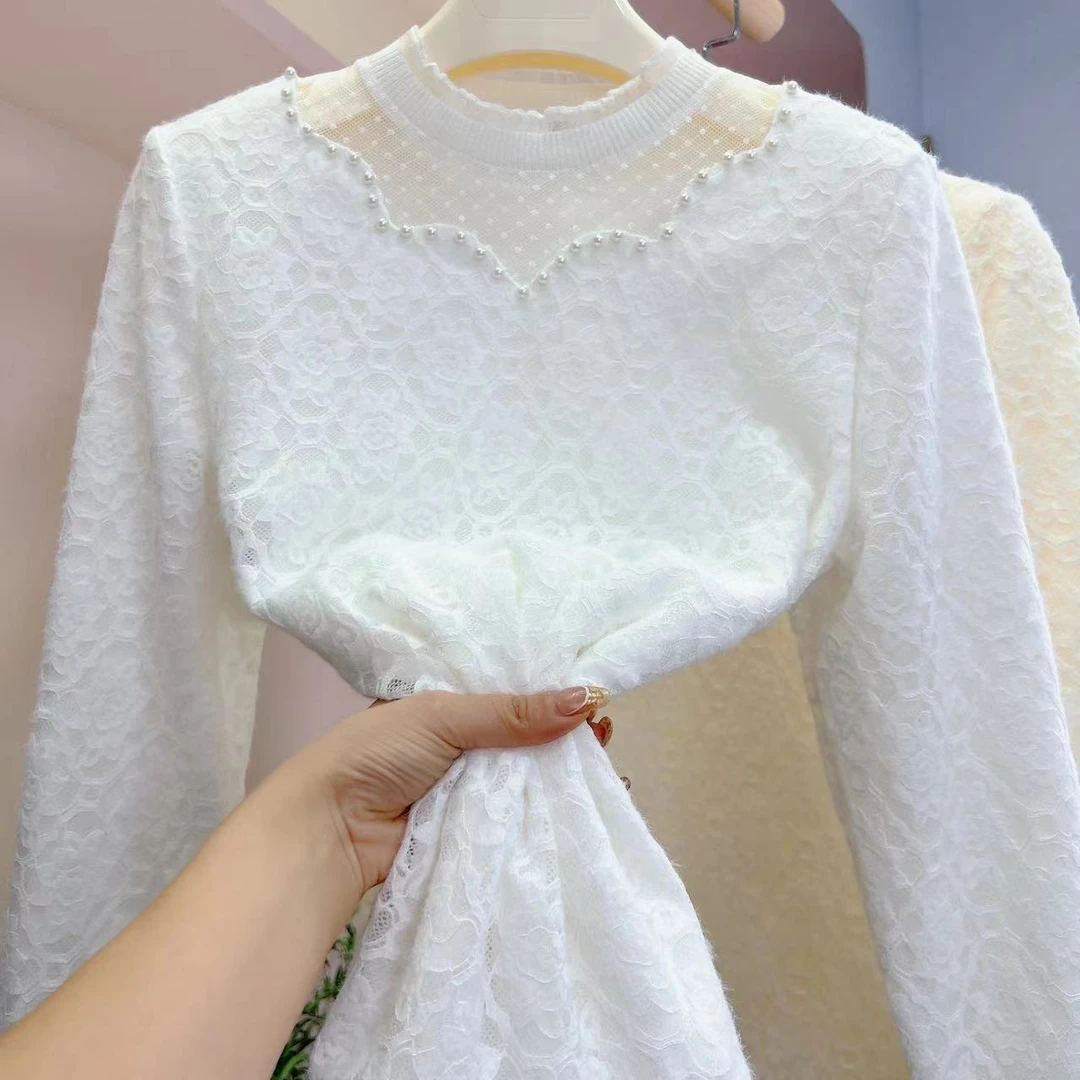 民族风钉珠镂空显瘦套头网红洋气冬季新款加绒加厚新款保暖蕾丝衫