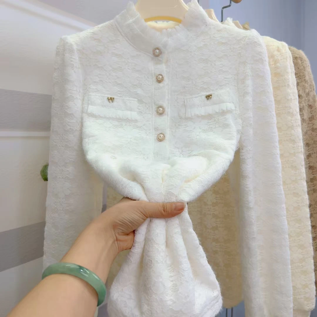 假口袋蕾丝领半开领蕾丝衫2024冬季加绒新款蕾丝衫(套头)