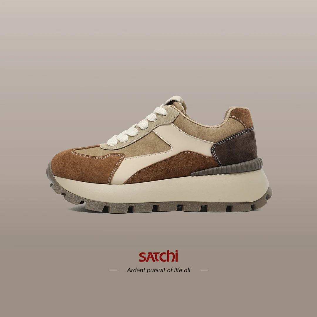 Satchi沙驰2025新款女式复古时尚华夫底猪皮厚底撞色四季老爹鞋