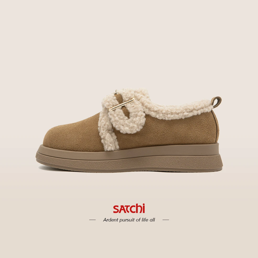 Satchi沙驰2024秋冬新款女式厚底毛绒内里保暖勃肯雪地靴毛毛鞋