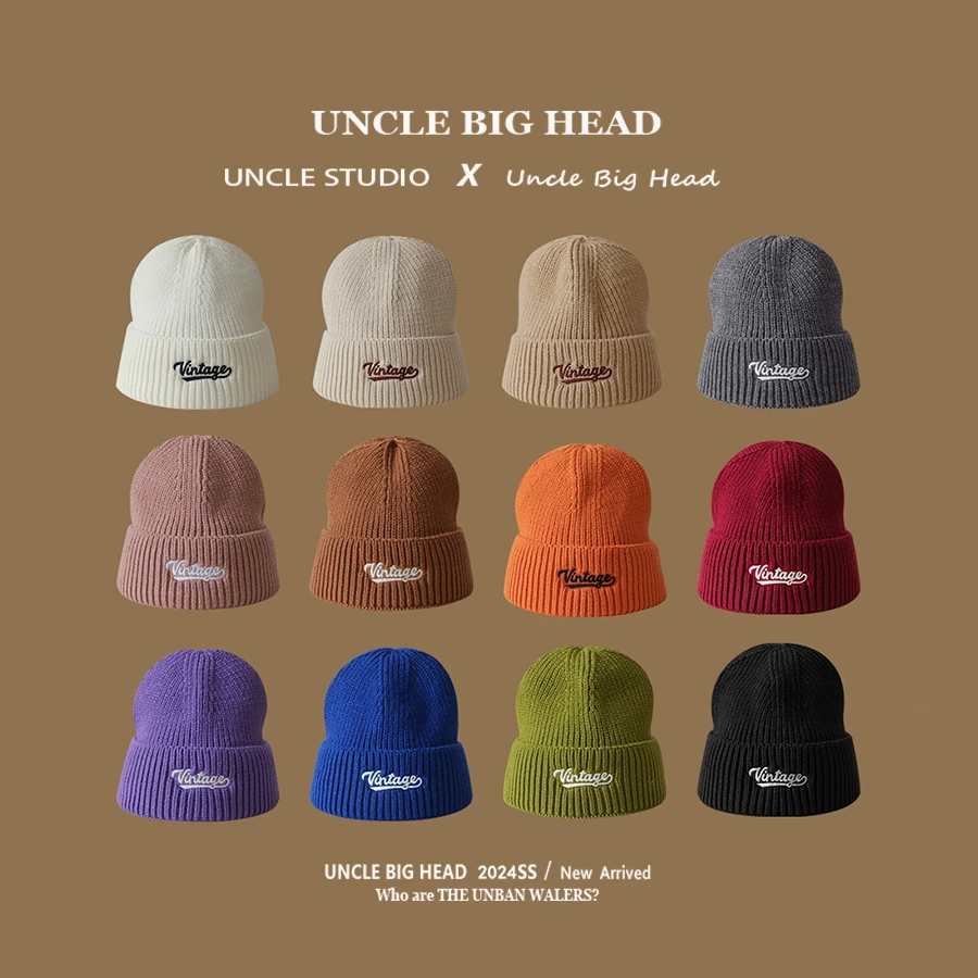 大头叔叔针织帽男女款日系潮牌学生情侣冷帽锥顶刺绣毛线帽子秋款