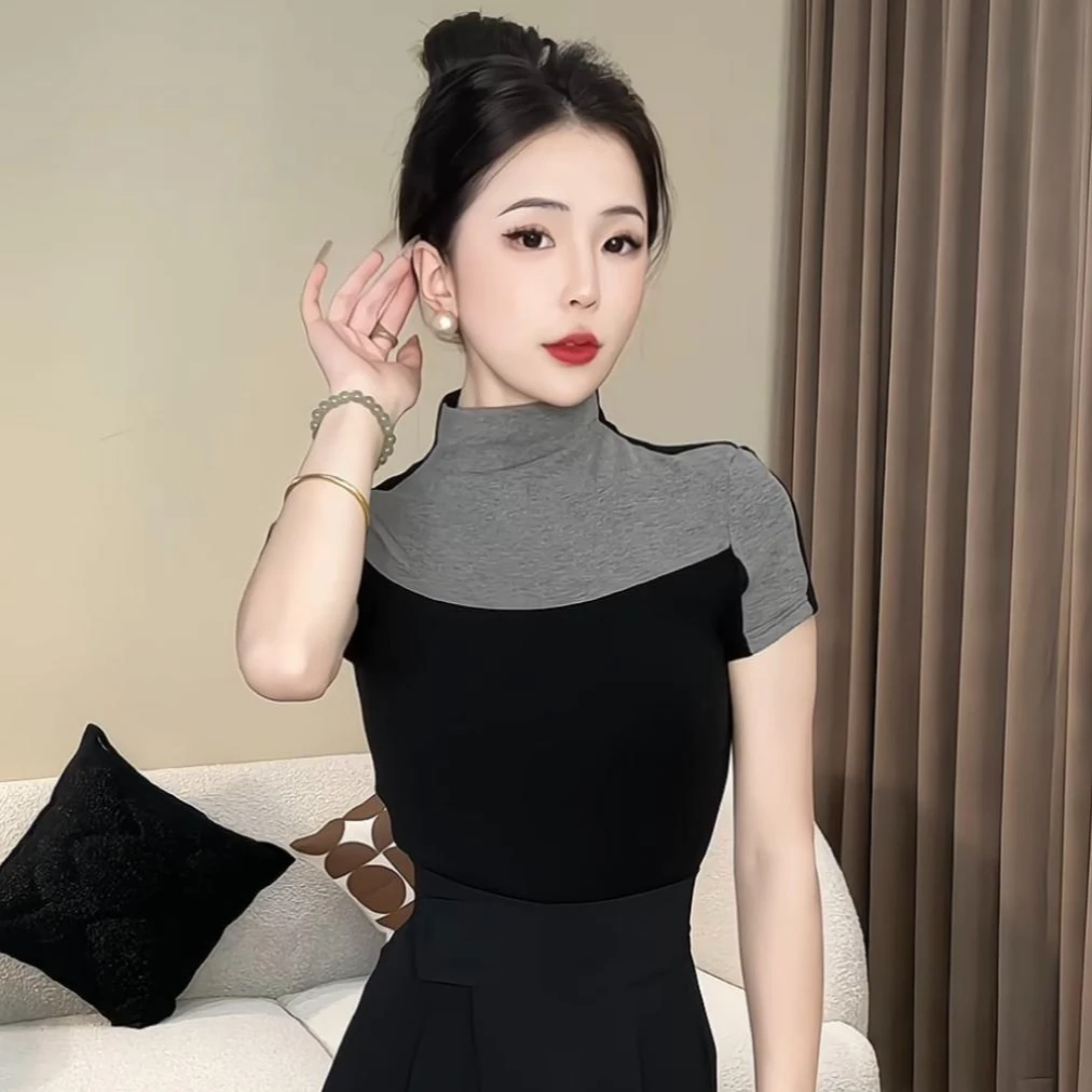 2024夏装新款撞色半高领正肩短袖T恤女高级感时尚百搭上衣