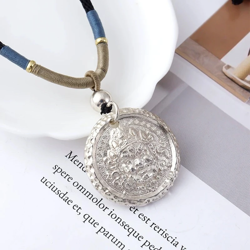 吊坠足银 足银吊坠实心黄财神银制品纯手工复古银色雕刻挂坠做旧