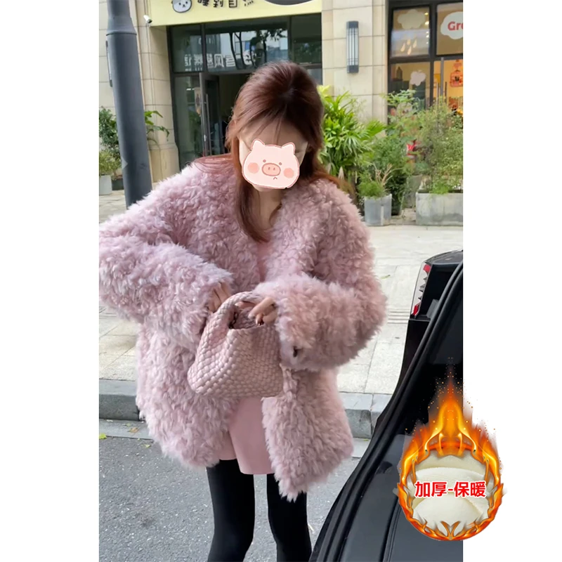 秋冬款超好看绝美粉色V领外套女冬季款宽松显瘦加厚保暖开衫上衣