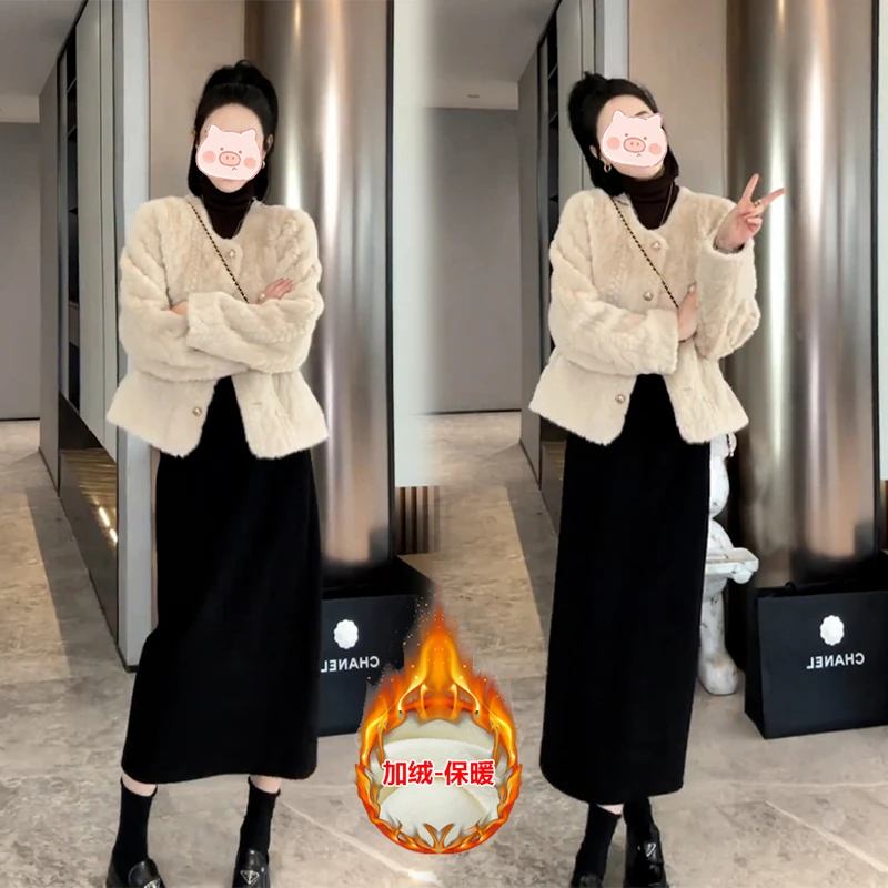 小香风套装2024新款爆款高级感温柔风加厚毛绒外套女半身裙两件套