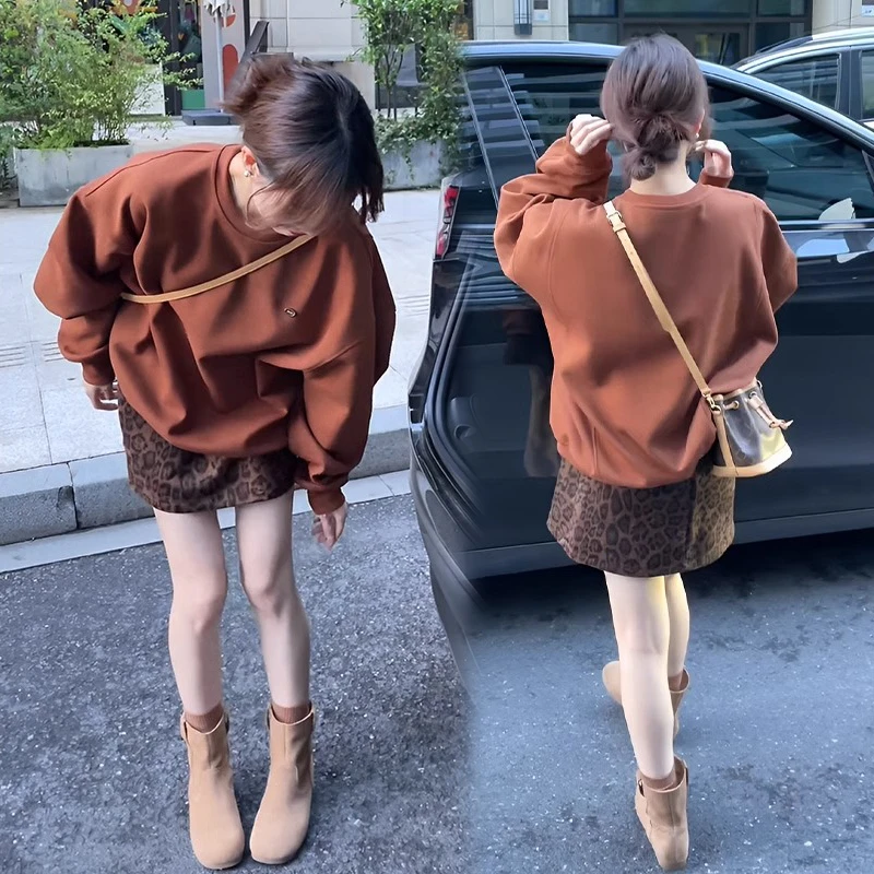 韩版chic宽松遮肉中长款卫衣女2025春秋百搭上衣豹纹短裙两件套装