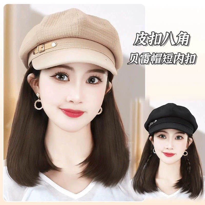 2024新款减龄锁骨发百搭皮扣八角帽帽子假发一体短内扣带帽假发