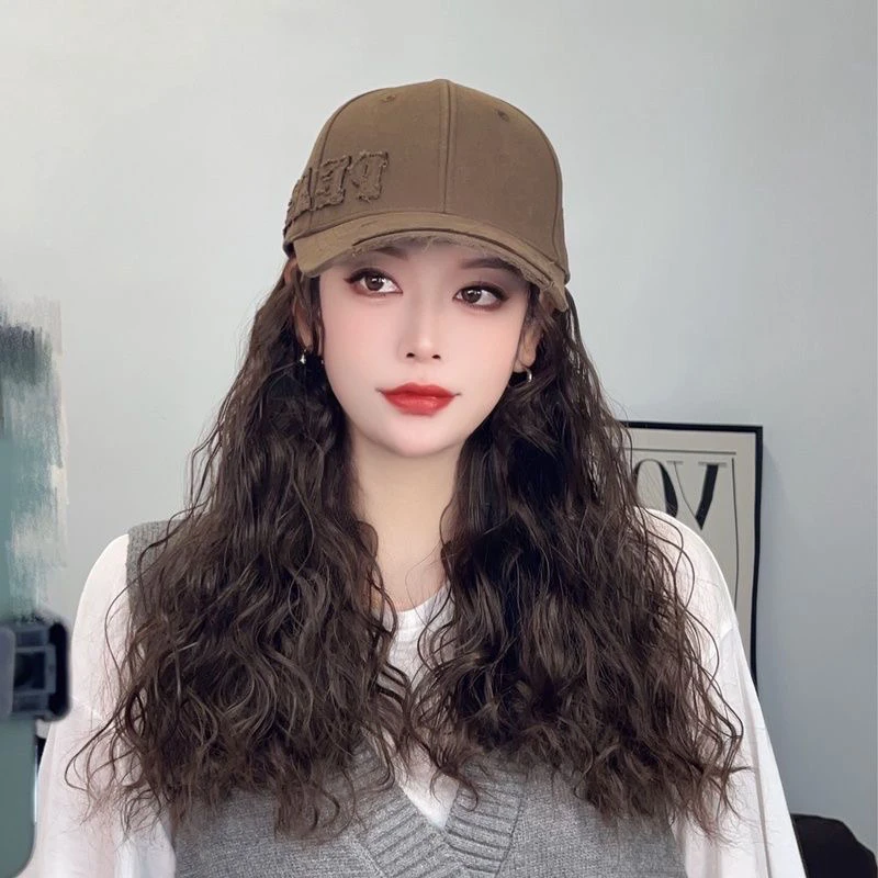 羊毛卷连帽假发棒球帽假发一体女羊毛卷长卷发自然逼真连帽假发帽