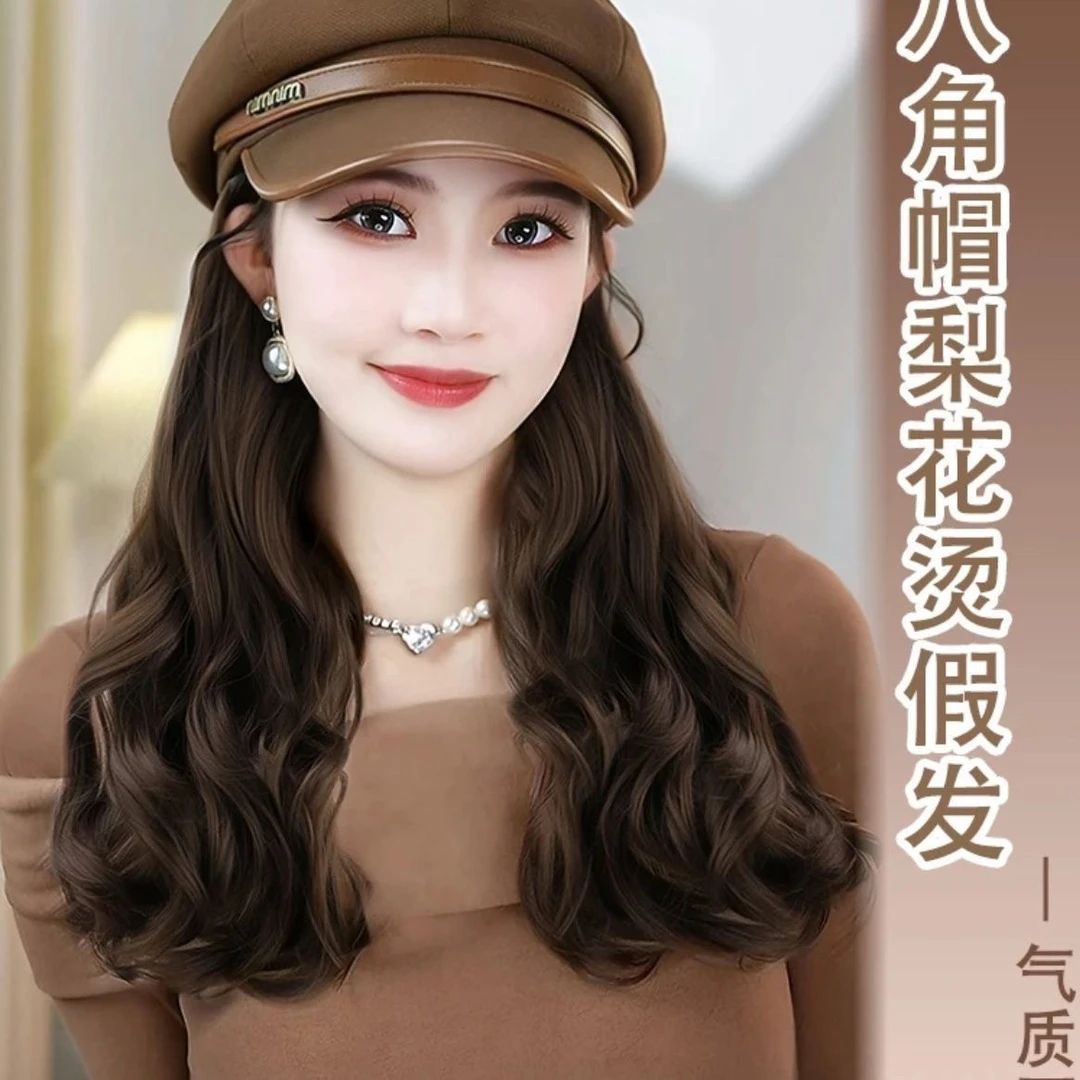 复古八角帽子假发一体女大波浪长卷发秋冬款气质显脸小假发帽子