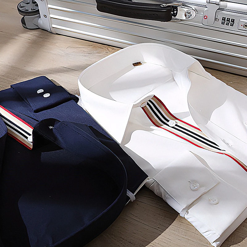 高奢140支双股面料撞色男士高端抗皱休闲简约纯色商务长袖衬衫