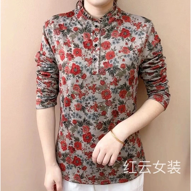 2024中老年女士长袖碎花新款秋季洋气小衫花边妈妈装遮肉显瘦