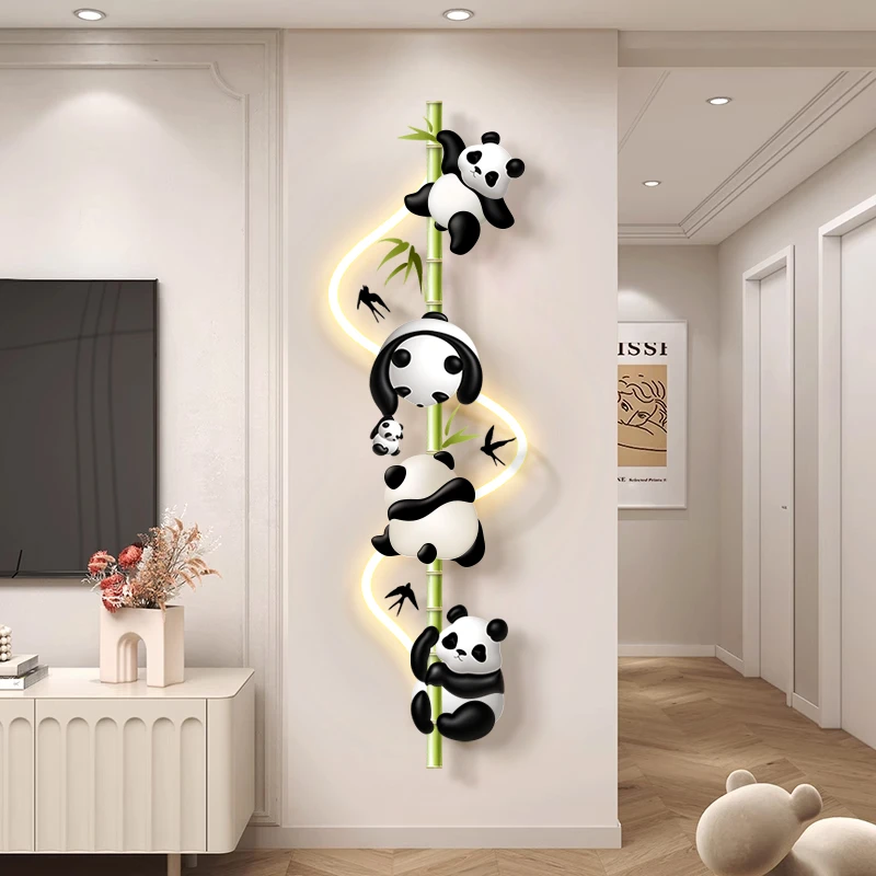 《熊猫派对》奶油风客厅装饰画格栅卡通治愈壁饰熊猫壁灯画led挂画