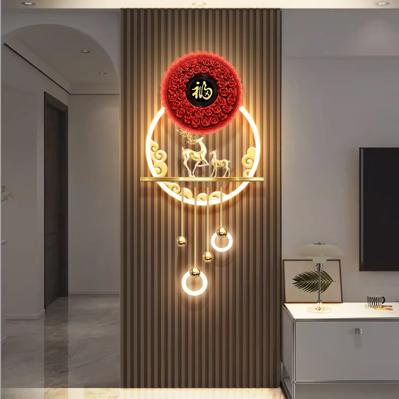 《福鹿锦年》-中国结玄关带灯发光led福字挂画格栅背景墙装饰画