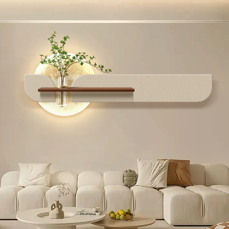 《绿影融光》-奶油风客厅水培绿植diy插花横版月球壁灯画砂岩装饰画