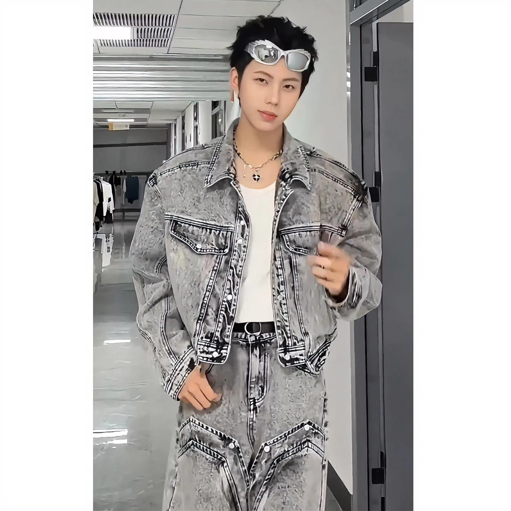 新款短款牛仔外套男款夏季薄款水洗做旧夹克痞帅高级感牛仔裤套装