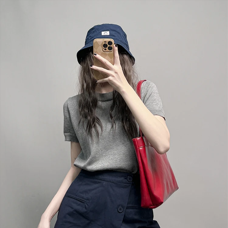 灰色针织衫短袖2024年夏款显瘦薄款休闲纯色圆领上衣T恤ins百搭