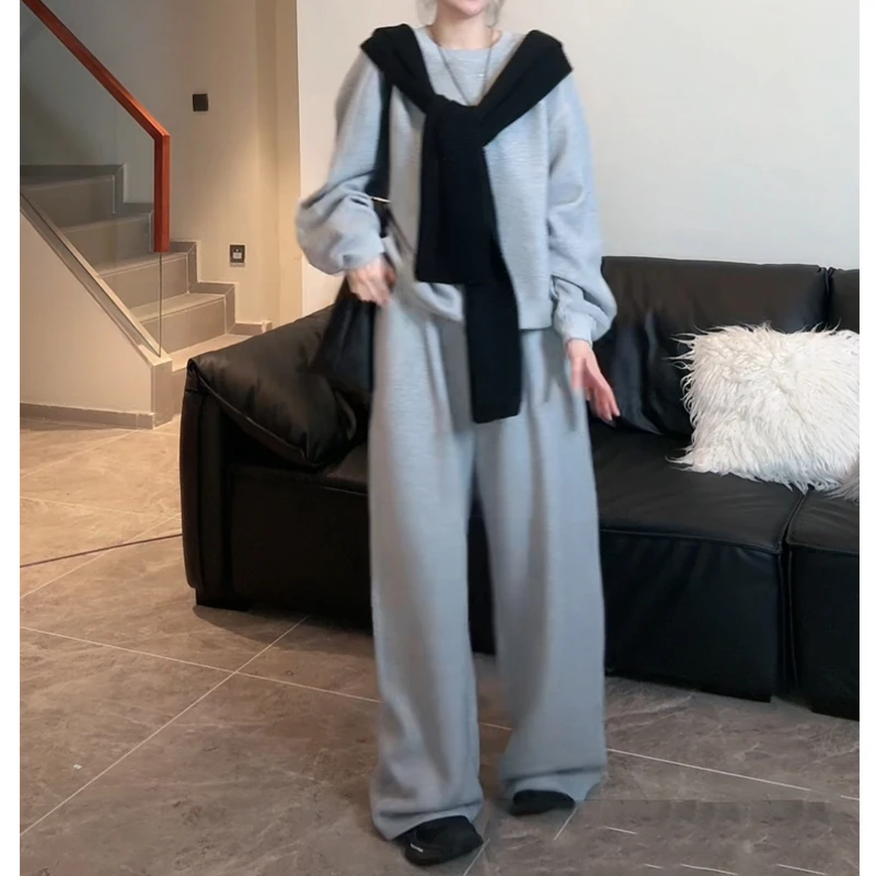 自制ins博主风重工针织连帽披肩双线缝合圆领简约太空棉卫衣套装