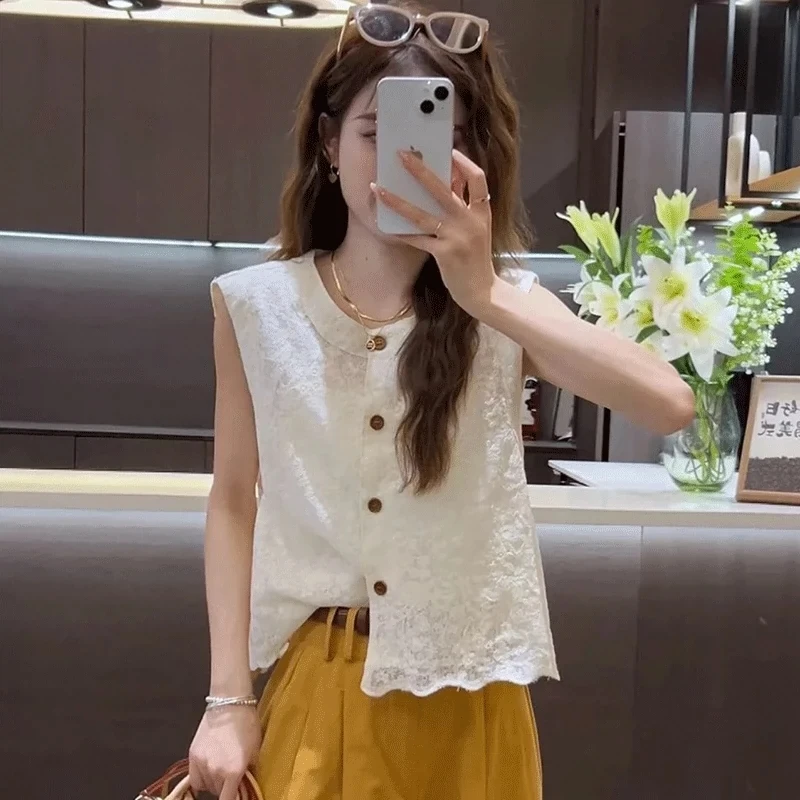 夏季薄款无袖圆领蕾丝马甲衬衫女20024夏季新款休闲宽松显瘦上衣