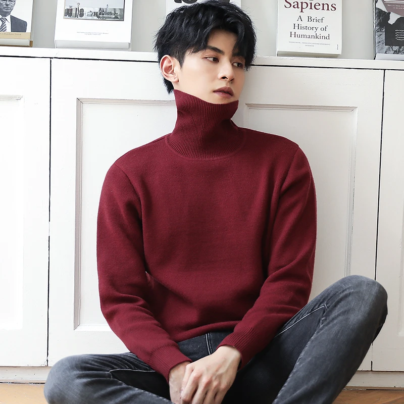 高领毛衣男士秋冬季一体绒保暖针织衫打底衫加厚加绒外套红色长领