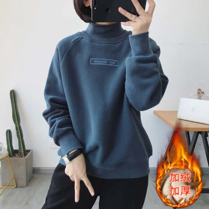 加绒加厚高领卫衣女2023秋冬新款时尚厚款刺绣外套宽松百搭上衣女