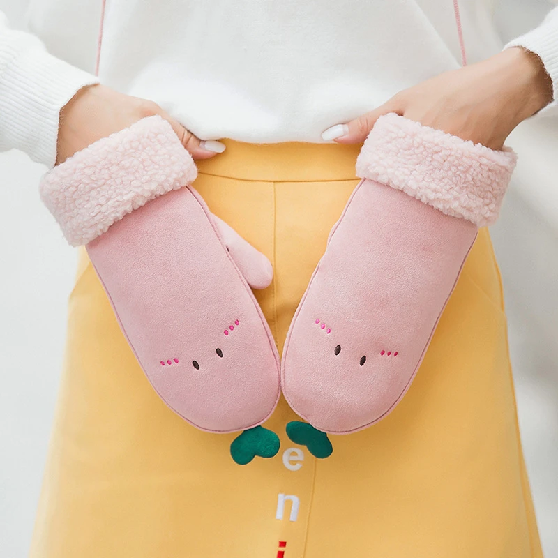 手套女冬季韩版可爱卡通学生加厚加绒保暖骑车全包指挂颈手套冬天