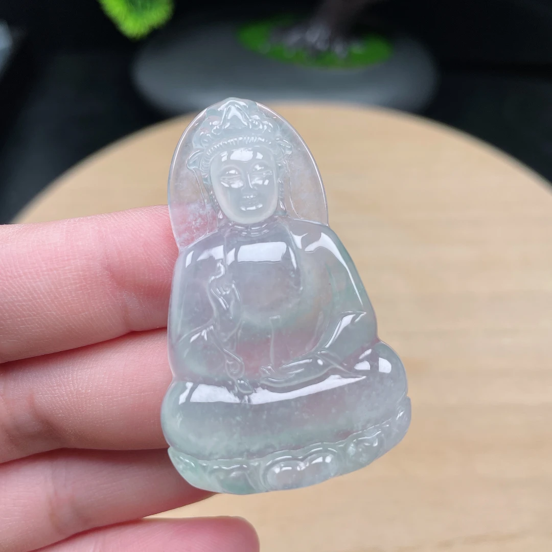 缅甸天然A货翡翠冰种冰透起胶素衣观音吊坠挂件53-33.1-6.3mm