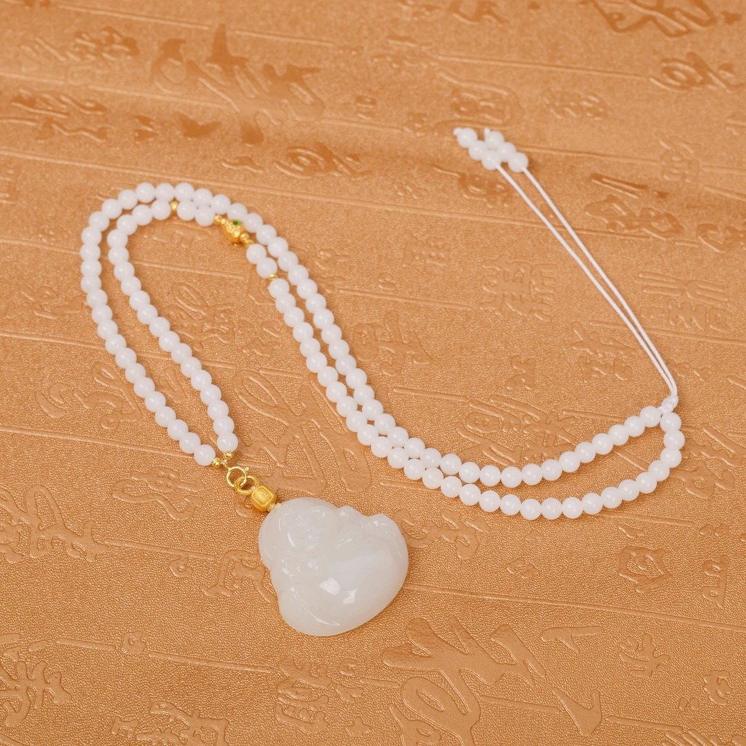 【熊总夫妇】35*34*12mm左右-和田玉白玉18K金佛公套链吊坠