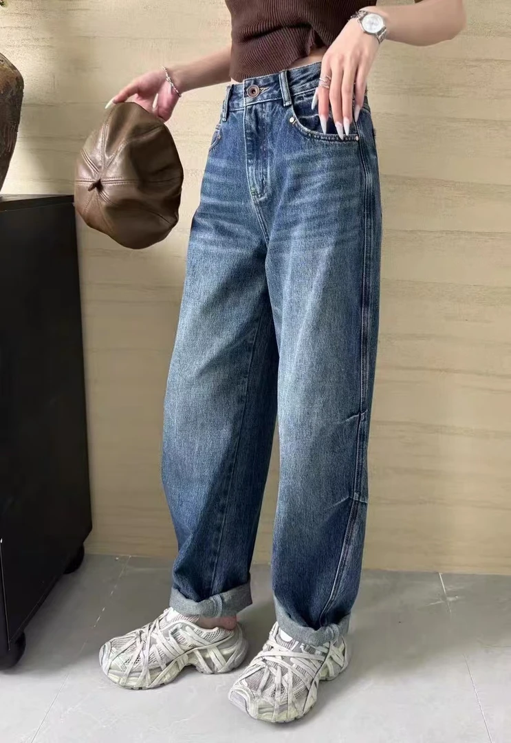 24秋冬欧货新款显瘦阔腿植绒休闲百搭复古直筒弯刀牛仔裤-925