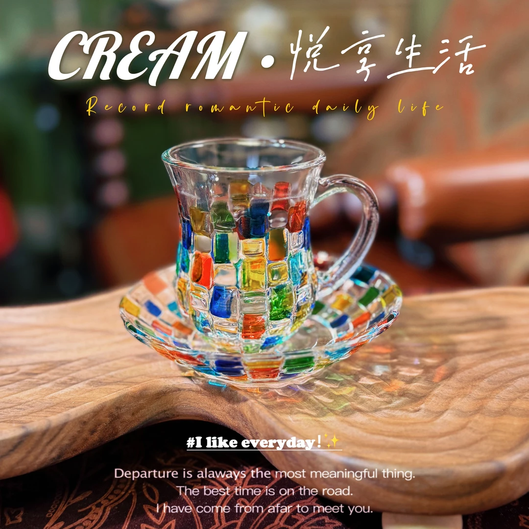 彩绘玻璃杯咖啡杯水杯带把手茶杯碟子马克杯套装家用