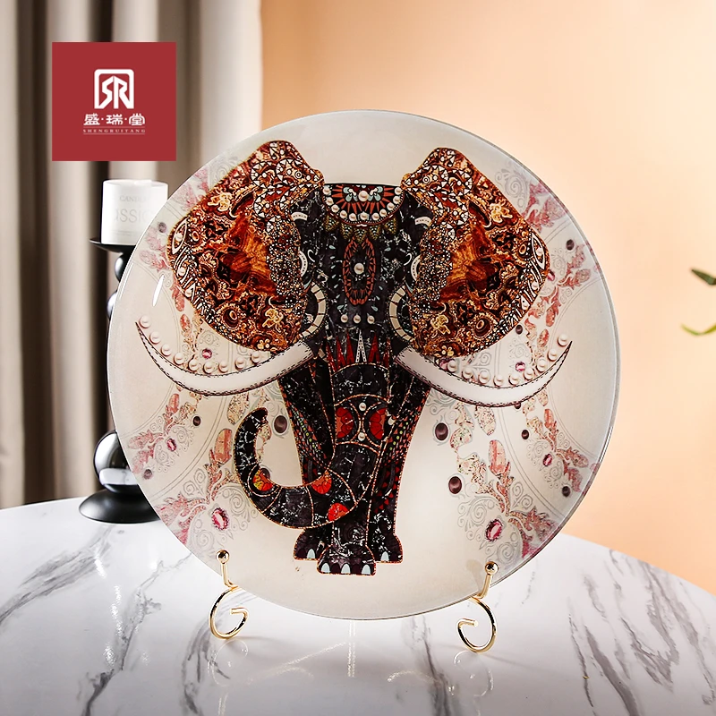 【盛瑞堂】吉祥如意33cm大象盘晶瓷高级感圆形盘子用餐装饰盘